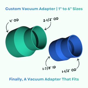 May include: Two custom vacuum adapters in teal and blue. The teal adapter has a 4" OD and a 2-1/2" OD. The blue adapter has a 1-1/2" OD and a 1-7/8" ID. Text reads "Custom Vacuum Adapter | 1" to 6" Sizes" and "Finally, A Vacuum Adapter That Fits".