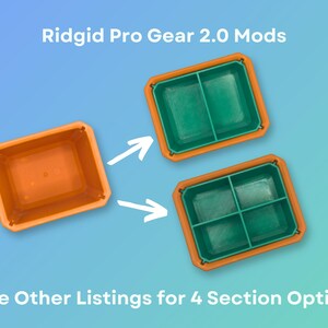 May include: Two Ridgid Pro Gear 2.0 Mods. One is a single-section orange tray with a green insert. The other is a four-section orange tray with green inserts. See other listings for the four-section option.