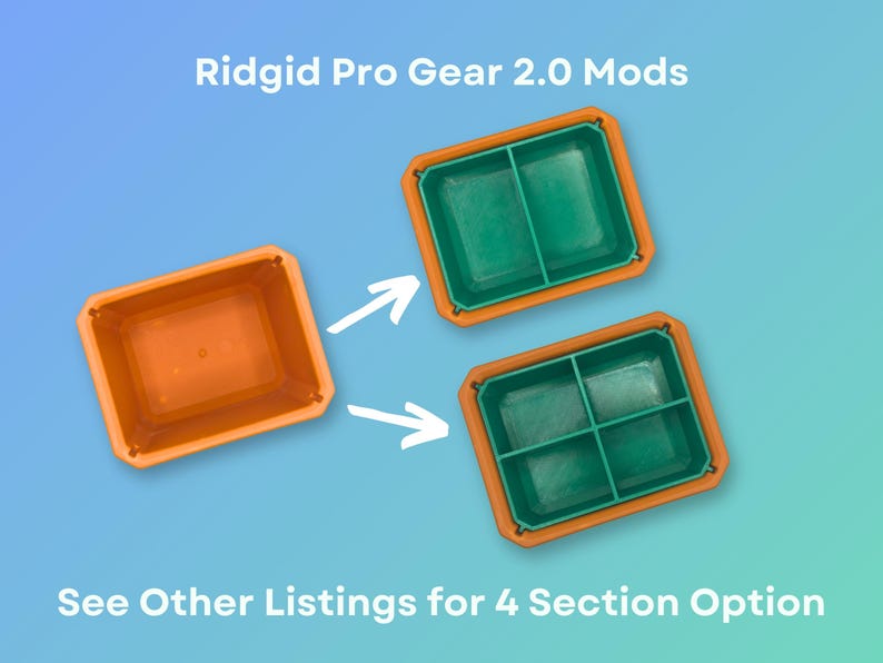 May include: Two Ridgid Pro Gear 2.0 Mods. One is a single-section orange tray with a green insert. The other is a four-section orange tray with green inserts. See other listings for the four-section option.
