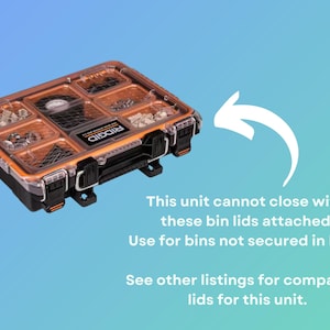 May include: A clear plastic storage box with a brown lid. The lid has the word "RIDGID" printed on it. The box has multiple compartments for organizing small items. The text on the image reads: "This unit cannot close with these bin lids attached. Use for bins not secured in here. See other listings for compatible lids for this unit."