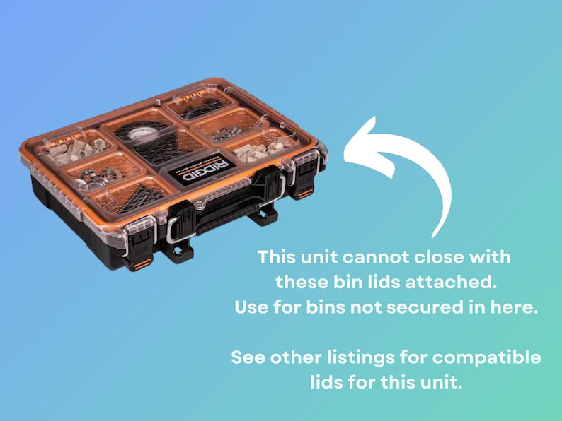 May include: A clear plastic storage box with a brown lid. The lid has the word "RIDGID" printed on it. The box has multiple compartments for organizing small items. The text on the image reads: "This unit cannot close with these bin lids attached. Use for bins not secured in here. See other listings for compatible lids for this unit."