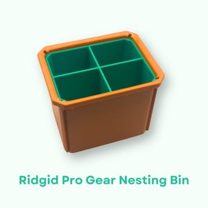 May include: An orange plastic storage bin with four green compartments. Ridgid Pro Gear Nesting Bin.