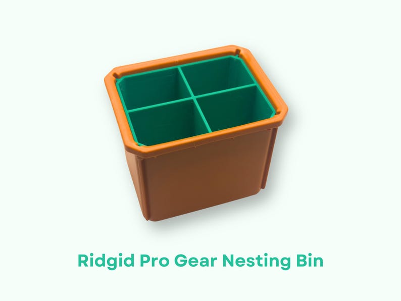 May include: An orange plastic storage bin with four green compartments. Ridgid Pro Gear Nesting Bin.