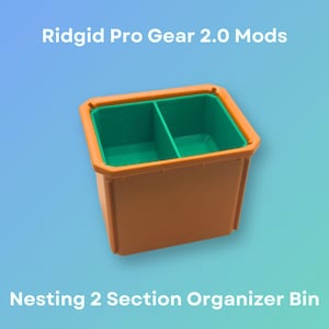 May include: A two-section organiser bin for the Ridgid Pro Gear 2.0 system. The bin is orange with a green interior and is designed to nest with other bins.