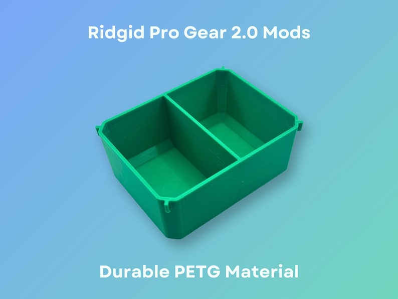 May include: A green plastic storage container with two compartments. The container is designed to fit into the Ridgid Pro Gear 2.0 tool box. The container is made of durable PETG material.