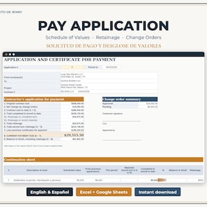 Puede incluir: Una plantilla digital para una solicitud de pago de construcción y certificado de pago. El documento incluye secciones para información del contratista, resúmenes de órdenes de cambio y una hoja de continuación. El texto incluye PAY APPLICATION, Schedule of Values, Retainage, Change Orders y SOLICITUD DE PAGO Y DESGLOSE DE VALORES.