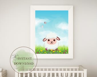 Impresión de arte de pared imprimible para guardería de ovejas / Decoración digital para habitación de niños / Granja / Lindo animal de granja / Regalo para bebé / Decoración del hogar