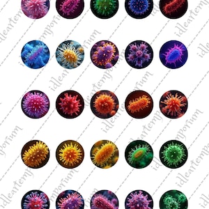 Puede incluir: Una colección de veintiuna imágenes circulares, cada una con una ilustración detallada y colorida de un virus. Los virus se representan en varias formas y colores, incluyendo rosa, rojo, verde y azul, sobre un fondo oscuro.