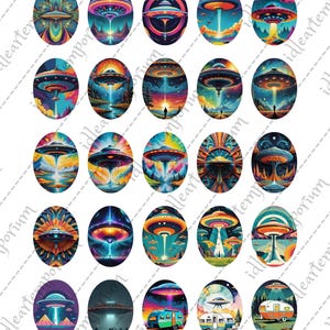Könnte beinhalten: Eine Sammlung ovaler Designs mit farbenfrohen Illustrationen von UFOs und außerirdischen Landschaften. Jedes Design zeigt eine andere Szene mit leuchtenden Farben, darunter Sonnenuntergänge, Wälder und futuristische Stadtlandschaften. Das Gesamtthema ist Science-Fiction.