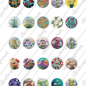 May include: A selection of circular buttons with floral designs and text. The buttons display phrases such as "Eat the Rich," "Good Trouble," and "Stay Woke," alongside illustrations of flowers and plants.
