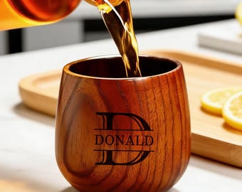 Personalized Wood Bourbon Whiskey Glass Cup Mug Custom Engraved Groomsmen Gift for Dad Men Him Son Husband Groom Grandpa Wedding Birthday