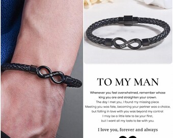 Personalized Mens Woven Leather Bracelet Custom Couple Bracelet Adjustable Bracelet Christmas Father's Day Gift for Dad Boyfriend Husband