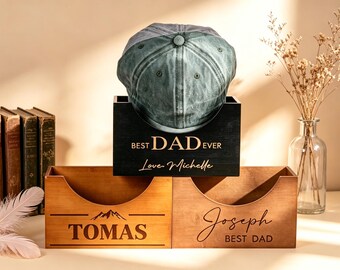 Personalized Wooden Hat Holder: Engraved Cap Organizer for Dad, Grandpa, Father's Day Gift