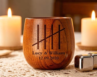 Custom 5 Year Anniversary Wood Whiskey Glass Laser Engraved Charred Wooden Bourbon Cup Personalized Wooden Gift for Him 5th Anniversary Gift