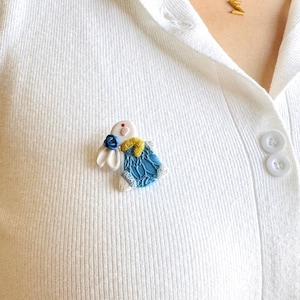 Handmade Bunny Brooch – Polymer Clay Rabbit Pin with Blue Dress & Flower, Cute Spring Accessory, Gift for Her