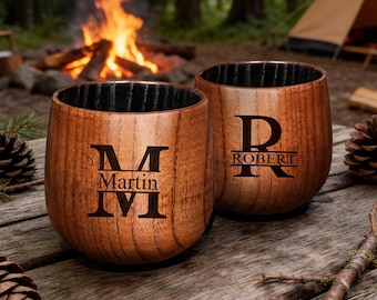 Personalized Wood Bourbon Whiskey Glass Cup Mug Custom Engraved Groomsmen Gift for Dad Men Him Son Husband Groom Grandpa Wedding Birthday
