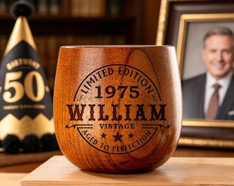 Custom 50th Birthday Whiskey Glass: Laser Engraved Charred Wooden Bourbon Cup