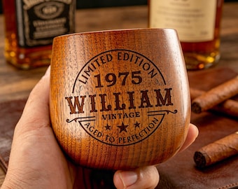 Custom 50th Birthday Wood Whiskey Glass Vintage Laser Engraved Charred Wooden Bourbon Cup for Men Father's Gift for Dad 50th Birthday Gift