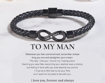 Personalized Infinity Leather Bracelet for Men Engraved Names Mens Woven Leather Bracele To My Man Soulmate Gift Personalized Gift for Him
