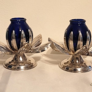 Vintage Cobalt Blue Glass & Silverplate Lotus Candle Holders – Set of 2 (#501)