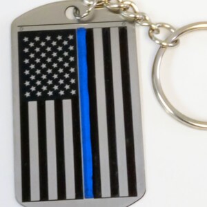 Blue Line Keychain   Stainless Steel  flag is etched into the Steel   Handmade  USA