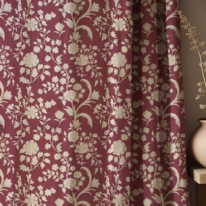 Vintage Burgundy Floral Linen Curtain – Classic Ivory Flower Drapery – Elegant Botanical Window Panel in Natural Linen Fabric
