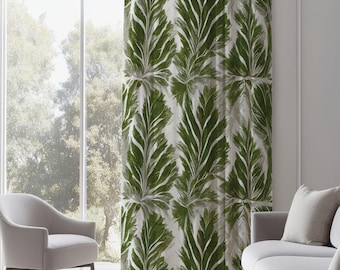 トロピカルグリーンリーフカーテン、ボタニカルジャングル柄ドレープ