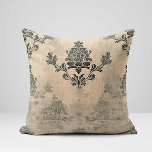 Damask Pillow Cover: Beige Linen Cushion with Black Floral Print