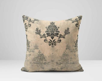 Damask Pillow Cover: Beige Linen Cushion with Black Floral Print