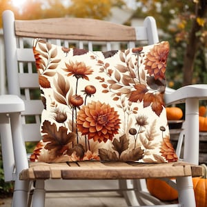 Autumn Floral Pillow Cover: Fall Leaves & Orange Dahlia - Porch Decor