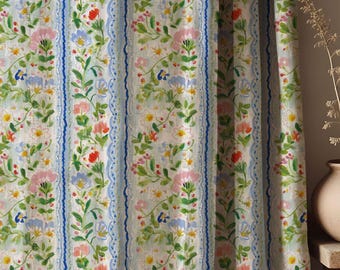 Vintage Floral Stripe Linen Curtain: Cottage Farmhouse Drapes