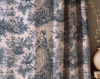 Classic Toile de Jouy Linen Curtains - French Country Drapes - Vintage Pastoral Window Treatment