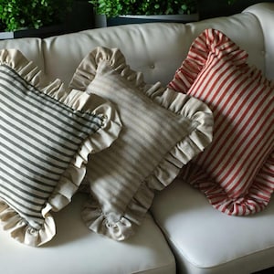 Striped Ruffle Pillow Cover: Cotton Linen Farmhouse Throw Cushion