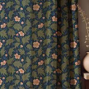 Vintage Botanical Linen Curtain – William Morris Inspired Floral and Leaf Pattern on Deep Blue – Elegant Cottagecore Drapes for Living Room
