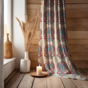 Boho Floral Curtain Panel – Natural Cotton Linen Fabric – Red Blue Damask Print – Rustic Window Treatment – Farmhouse Botanical Drapery