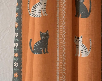 Linen Cat Print Curtain, Boho Rustic Window Panel, Farmhouse Animal Drapes