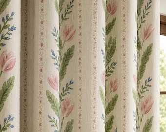 Pink Tulip Linen Curtain, Botanical Floral Window Panel, Farmhouse Garden Drapes