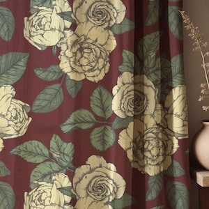 Vintage Rose Linen Curtains - Elegant Floral Botanical Drapes, Burgundy & Cream Romantic Window Treatment, Classic Victorian Home Decor