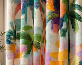 Colorful Abstract Palm Tree Linen Curtains, Modern Painterly Window Panels