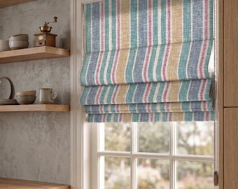 Striped Linen Look Roman Shade, Farmhouse Kitchen Window Blind, Blue Green Beige Stripe