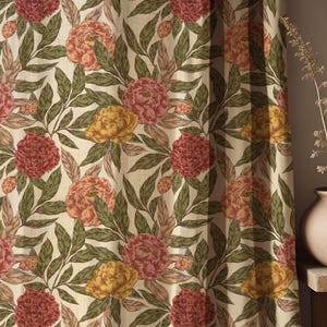 Vintage Peony Linen Curtains - Elegant Floral Botanical Drapes, Red & Yellow Flower Print, Cottagecore Farmhouse Window Treatment
