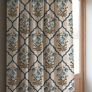 Cortina de lino con estampado floral azul, cortinas geométricas botánicas estilo granja, panel de ventana estilo cottagecore