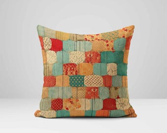 Funda de almohada acolchada colorida: patchwork retro, acento bohemio