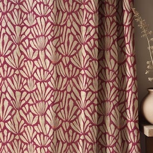 Burgundy Floral Linen Curtain – Bold Petal Motif Drapery – Hand-Printed Style Window Panel in Natural Linen Fabric