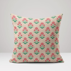 Federa per cuscino in lino e cotone con stampa a blocchi indiana con piccolo motivo floreale in rosso e verde – Federa decorativa per divano, letto