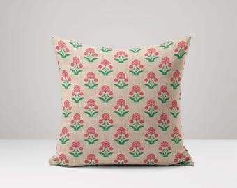 Funda de almohada con estampado de bloques indios: cojín de lino y algodón con estampado floral rojo