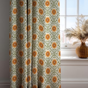 Rideau en lin et coton tournesol : panneau de draperie botanique jaune vert