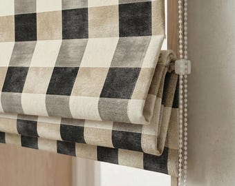 Buffalo Plaid Roman Shade, Linen Look Window Blind, Farmhouse Check Curtain