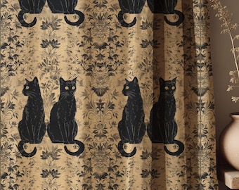 Black Cat Linen Curtains, Gothic Damask Vintage Window Panel, Dark Cottagecore Decor
