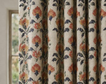 Boho Floral Linen Curtain, Vintage Botanical Window Panel, Farmhouse Drapes, Cottagecore Curtain, Rustic Floral Home Decor